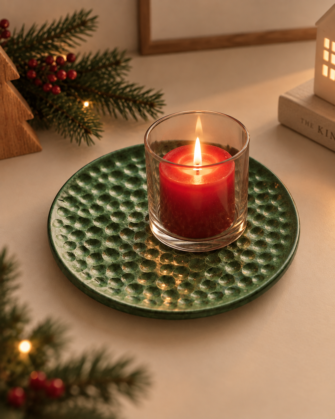 base lua de natal bandeja com vela de vidro