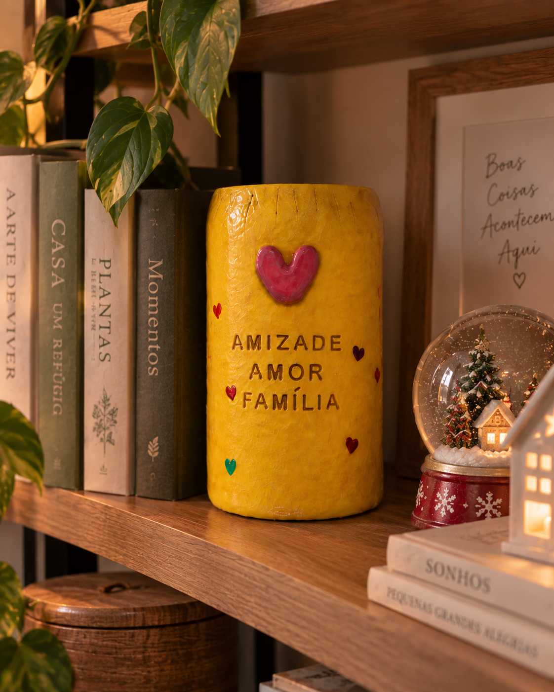 Jarra Amar Natal Jarra Amar em cerâmica fria amarela, personalizada com corações e mensagem, decorada com elementos natalícios.
