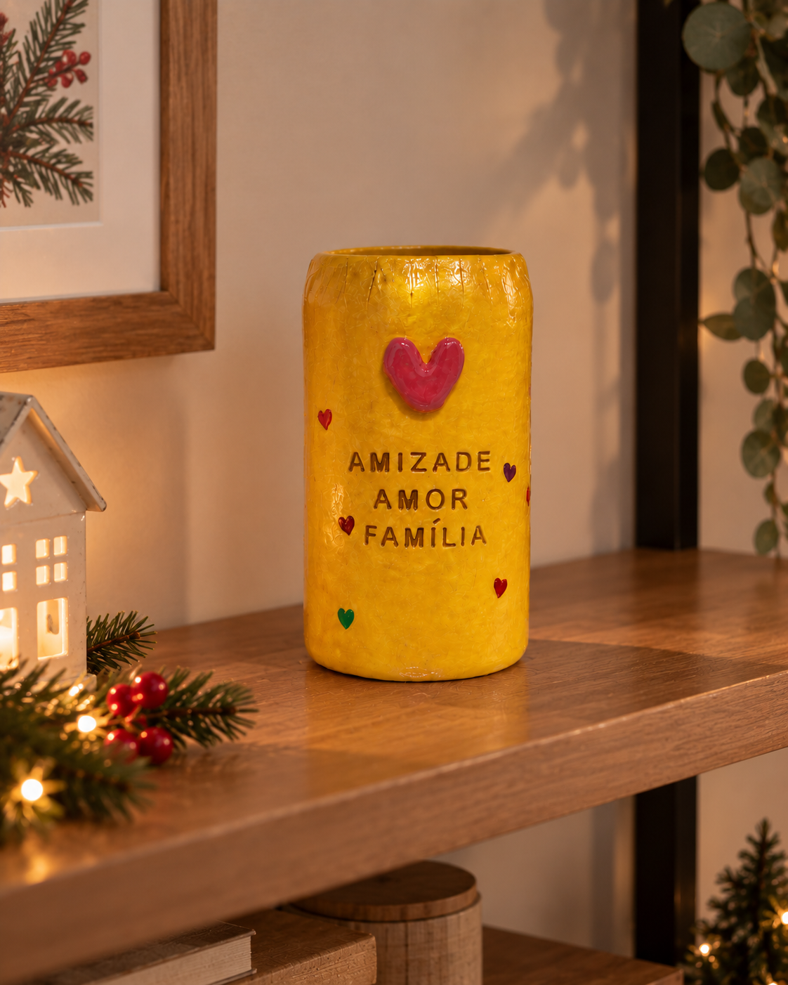 Jarra Amar Natal Jarra Amar em cerâmica fria amarela, personalizada com corações e mensagem, decorada com elementos natalícios.