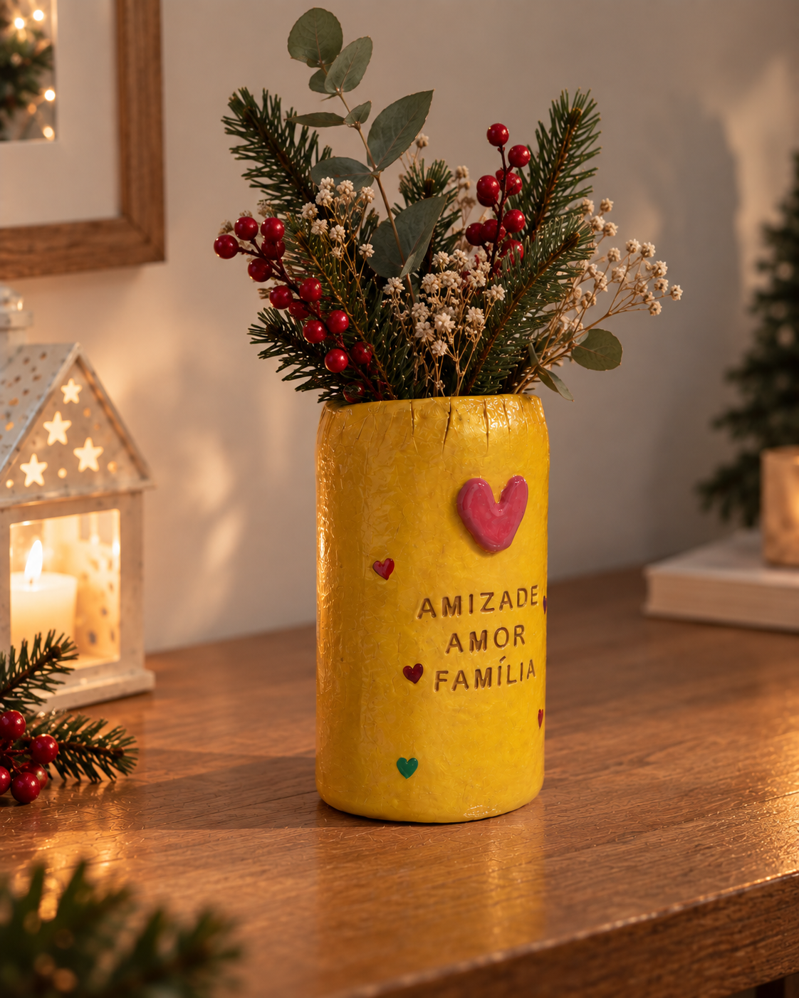 Jarra Amar Natal Jarra Amar em cerâmica fria amarela, personalizada com corações e mensagem, decorada com elementos natalícios.